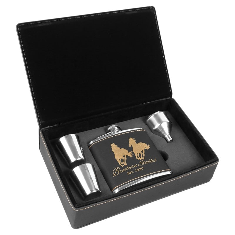 6 oz Black Gold Leatherette Flask Gift Box Set