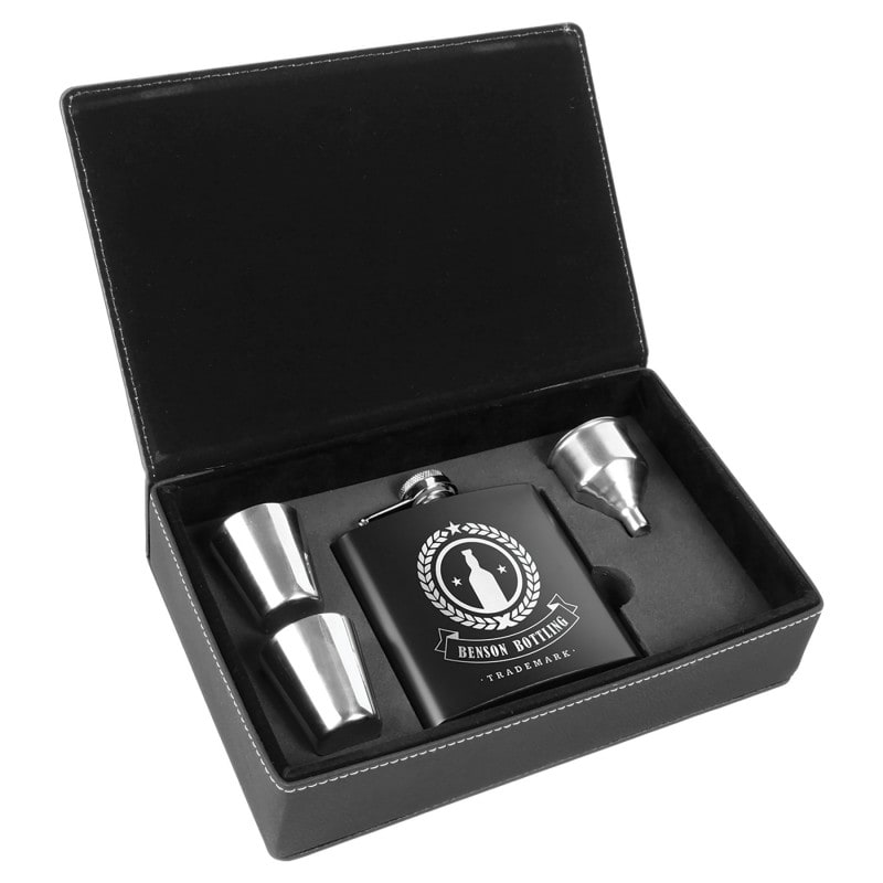 6 oz Blue Stainless Steel Flask Set in Black Silver Leatherette Gift Box