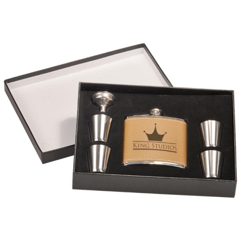 6 oz Leather Flask Set in Black Presentation Box