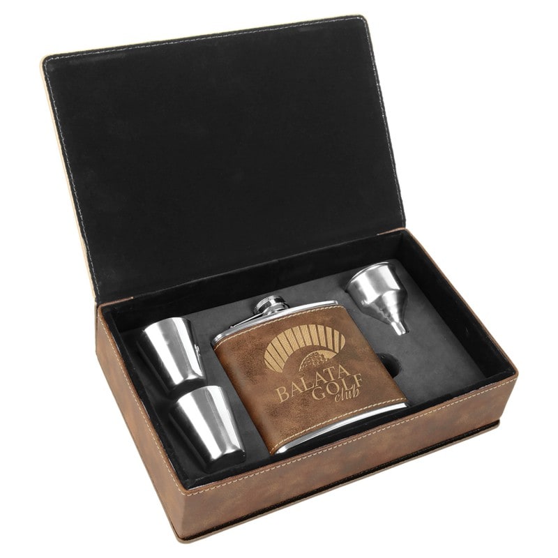 6 oz Rustic Gold Leatherette Flask Gift Box Set