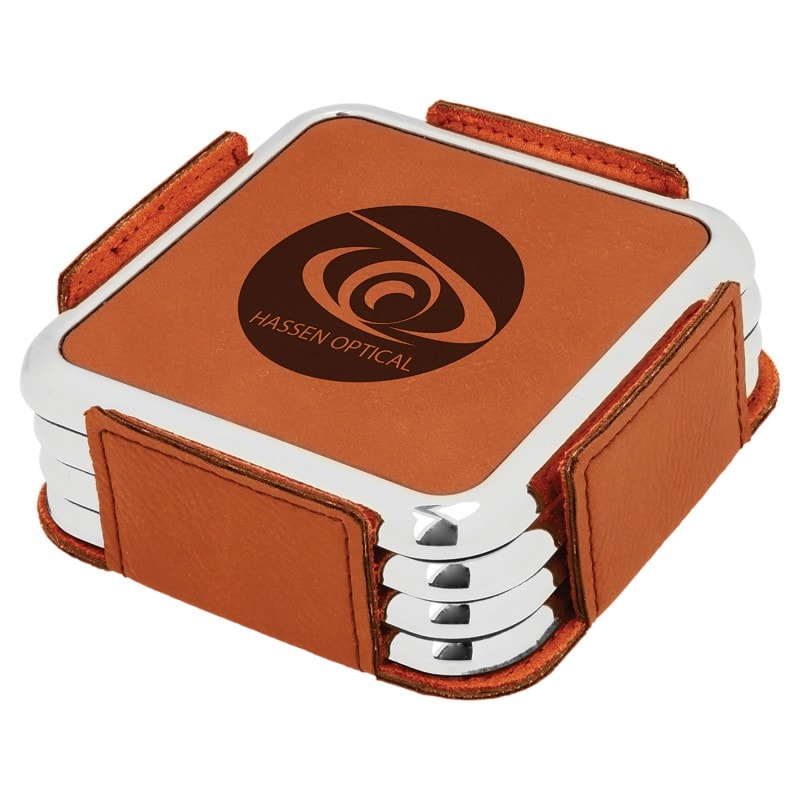 Square Rawhide Leatherette with Silver Edge 4 Coaster Set